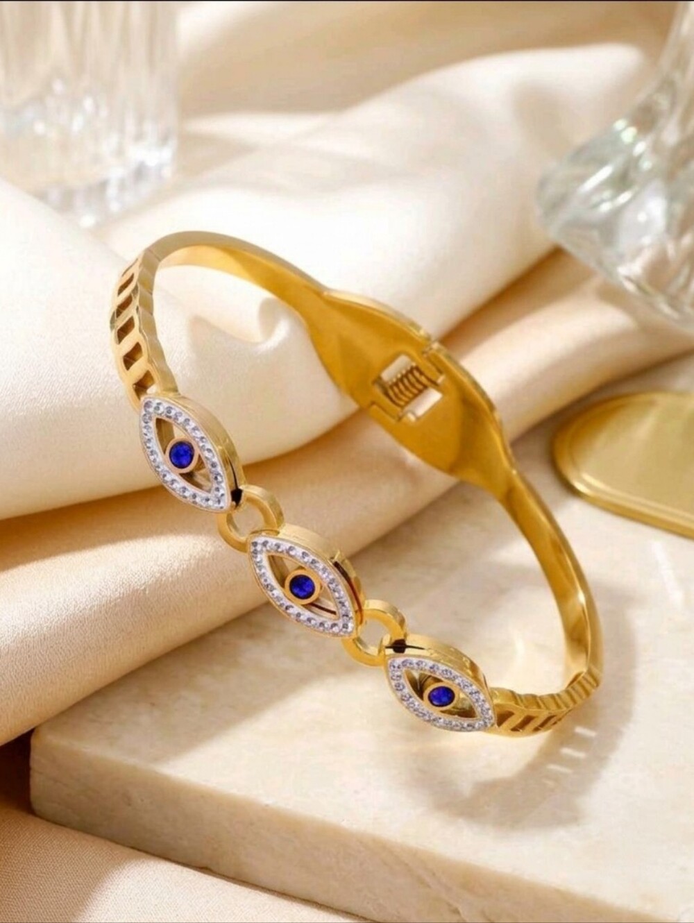 Gold Evil Eye Rhinestone Bangle Bracelet